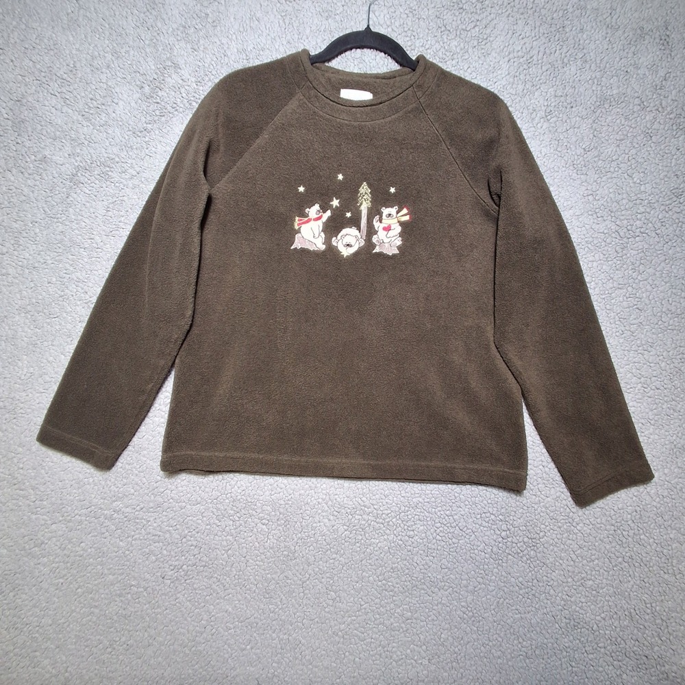 Christopher Banks Fleece Top Women Large Brown Bear Embroidered